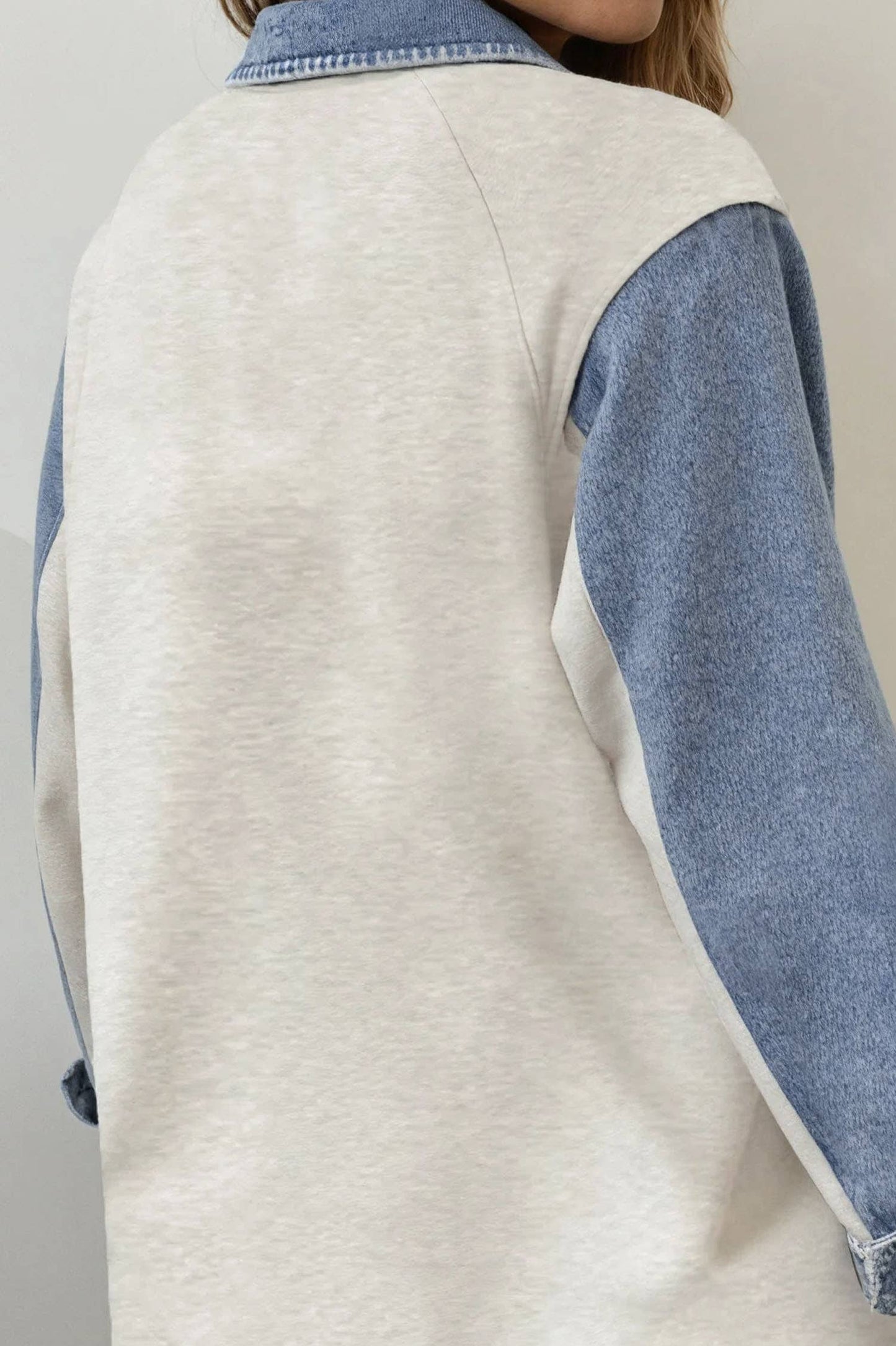 Western Denim Patchwork Shirt Collar Half Button Top (S-XL): Gray / Missy / L