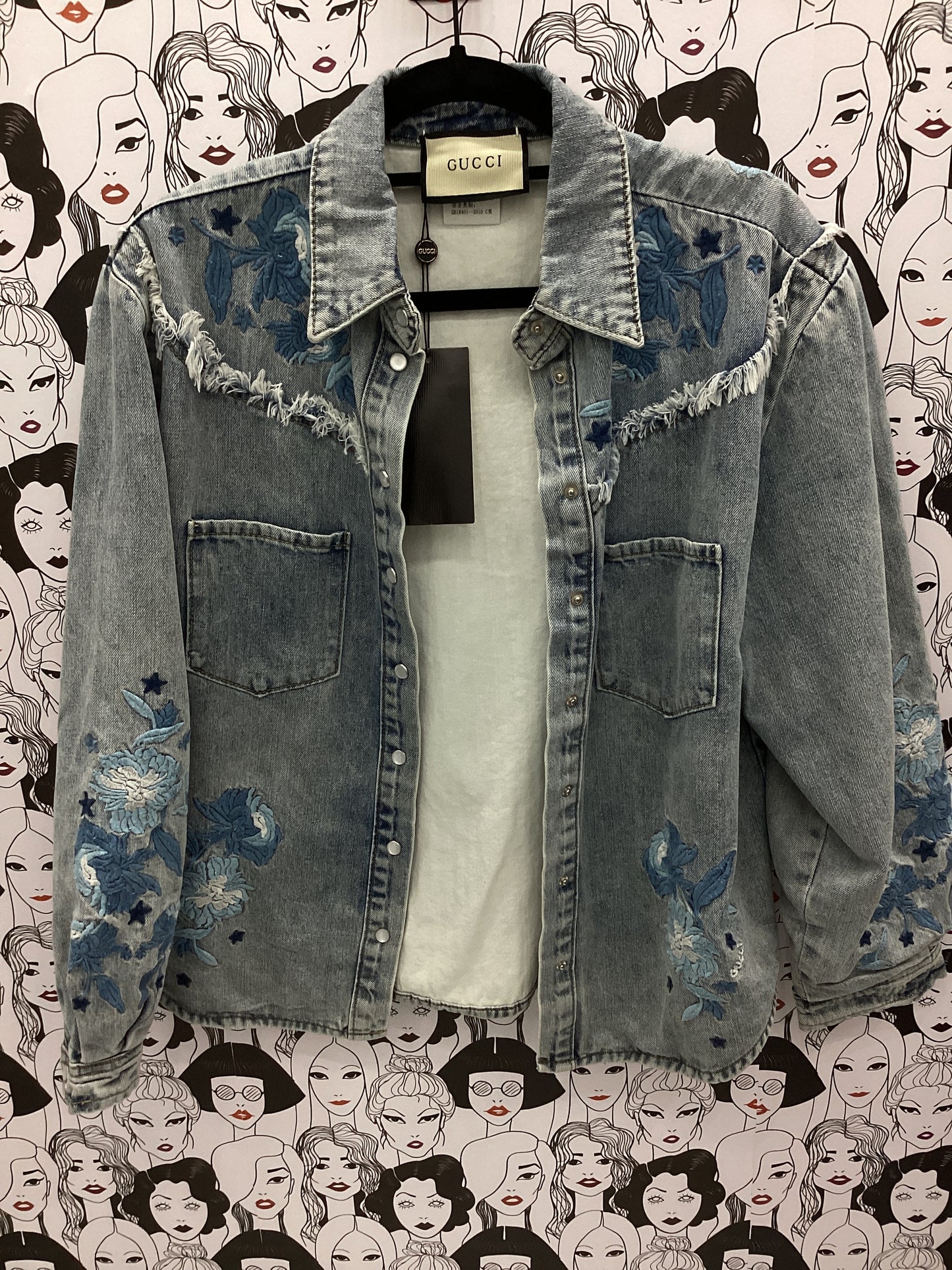Luxury denim jacket flower accents