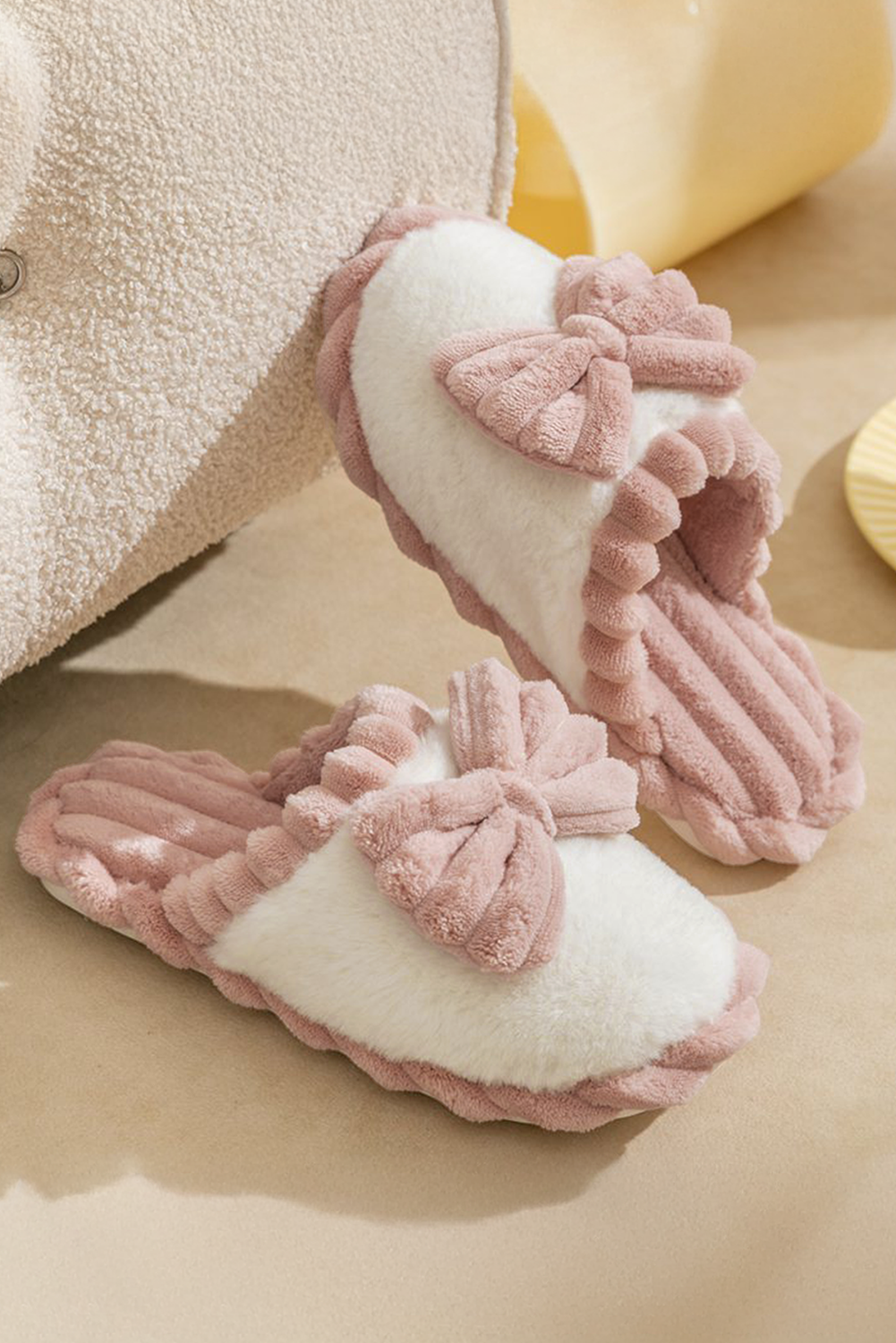 66Bow Decor Color Block Ribbed Plush Slippers Gifts: Fushia / 7(38)