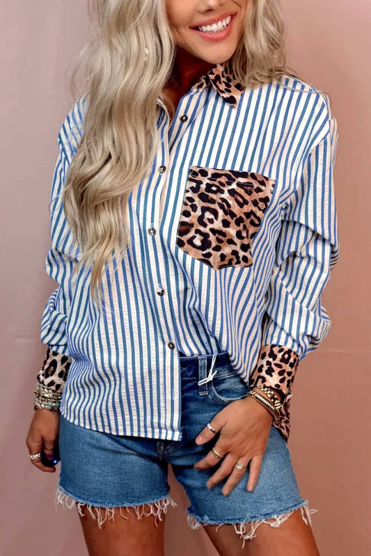 Spring 2026 Chic Contrast Leopard & Stripes Button Shirt: Sky Blue / M