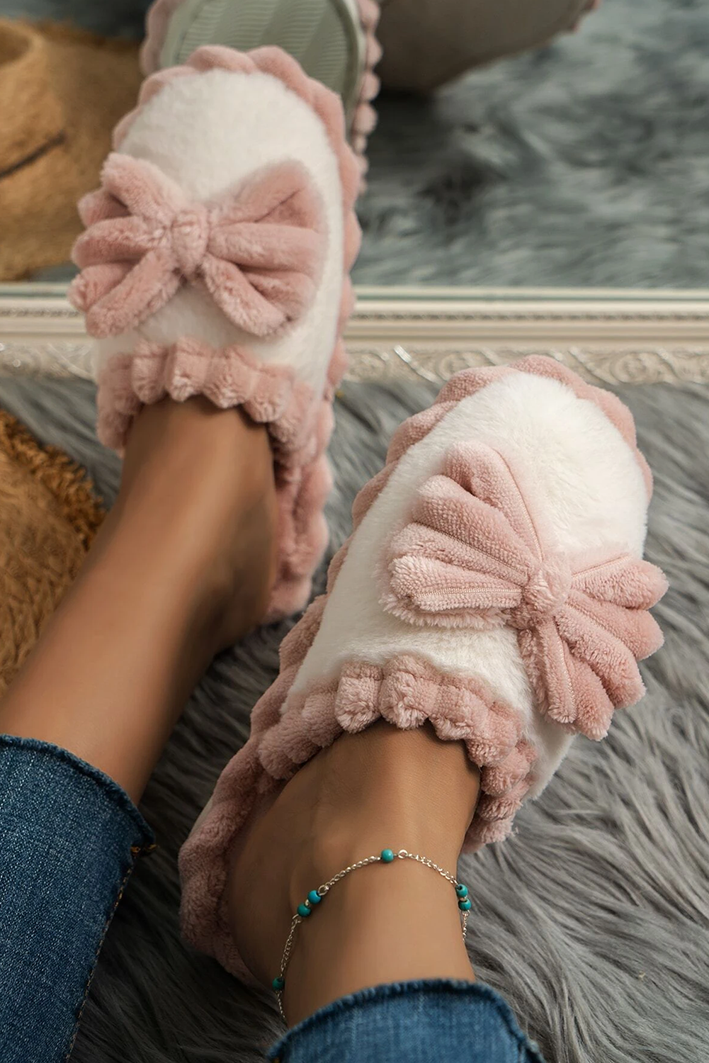 66Bow Decor Color Block Ribbed Plush Slippers Gifts: Fushia / 8(39)