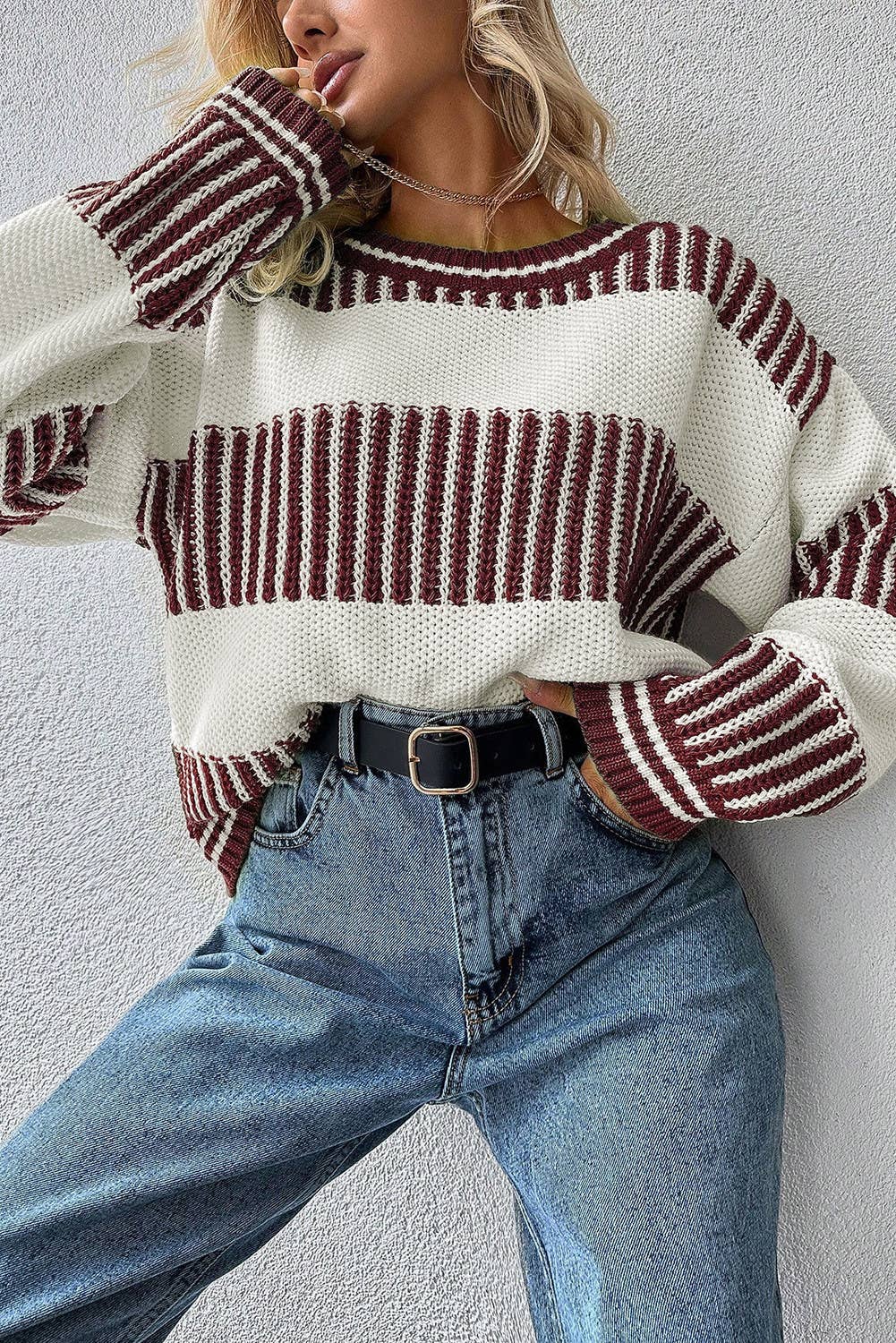 Two Tone Striped Patchwork Drop Shoulder Loose Sweater: Khaki / L