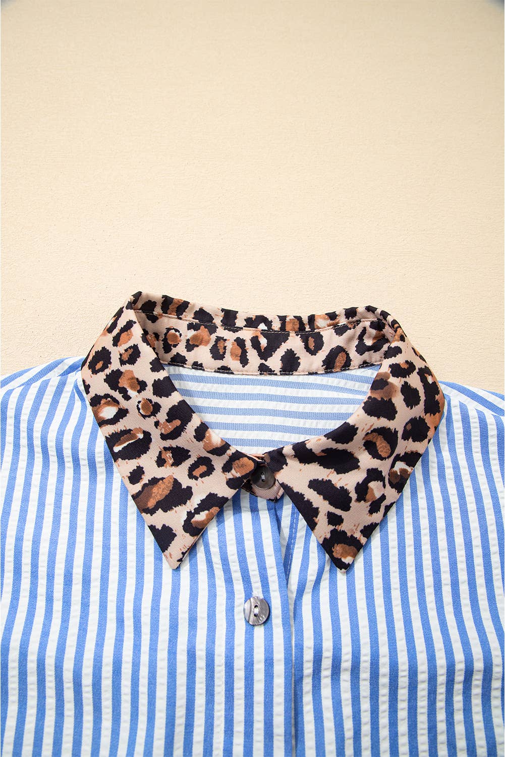 Spring 2026 Chic Contrast Leopard & Stripes Button Shirt: Sky Blue / M