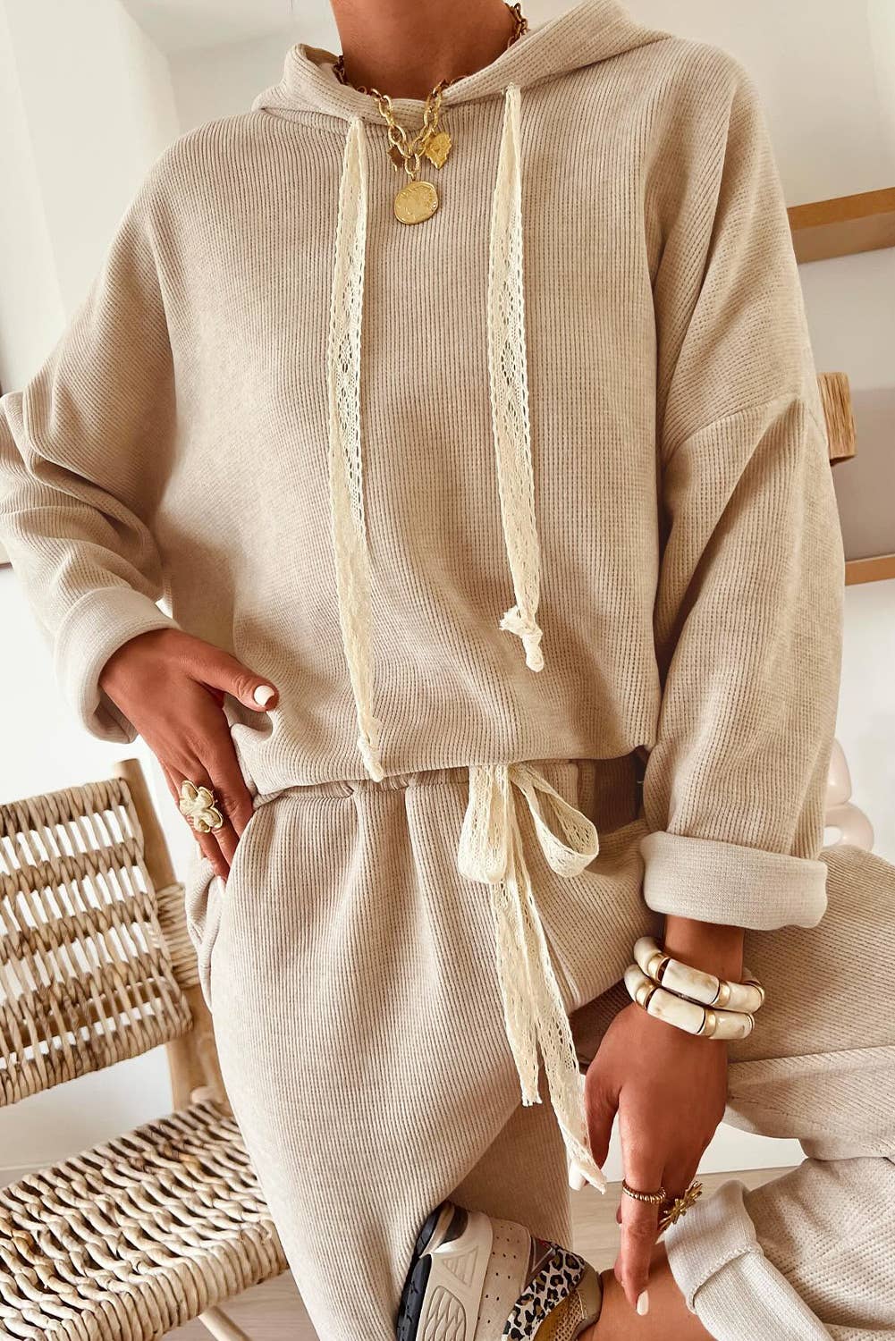 Drawstring Pullover Hoodie and High Waist Pants Corduroy Set: Leopard parchment / Missy / S