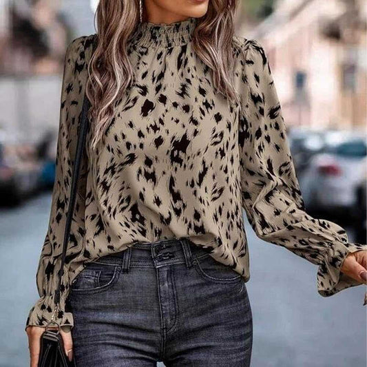 Leopard Ruffle Neck Blouse