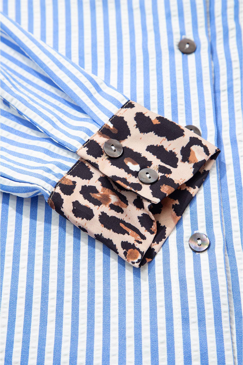 Spring 2026 Chic Contrast Leopard & Stripes Button Shirt: Sky Blue / M