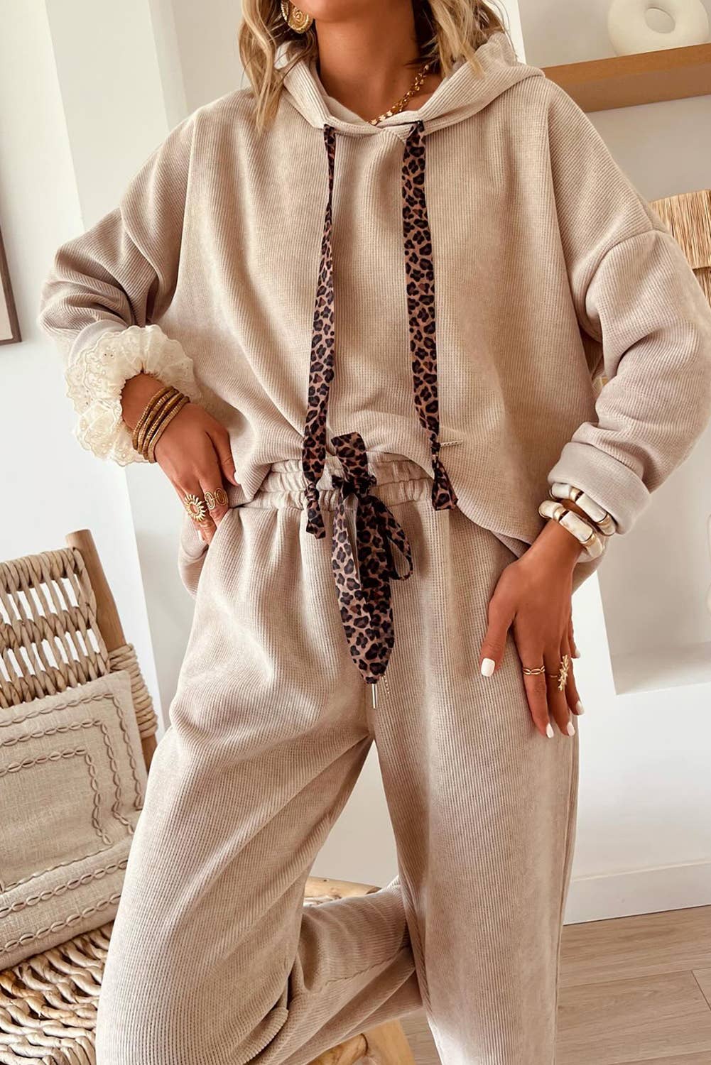 Drawstring Pullover Hoodie and High Waist Pants Corduroy Set: LEOPARD BROWN / Missy / S