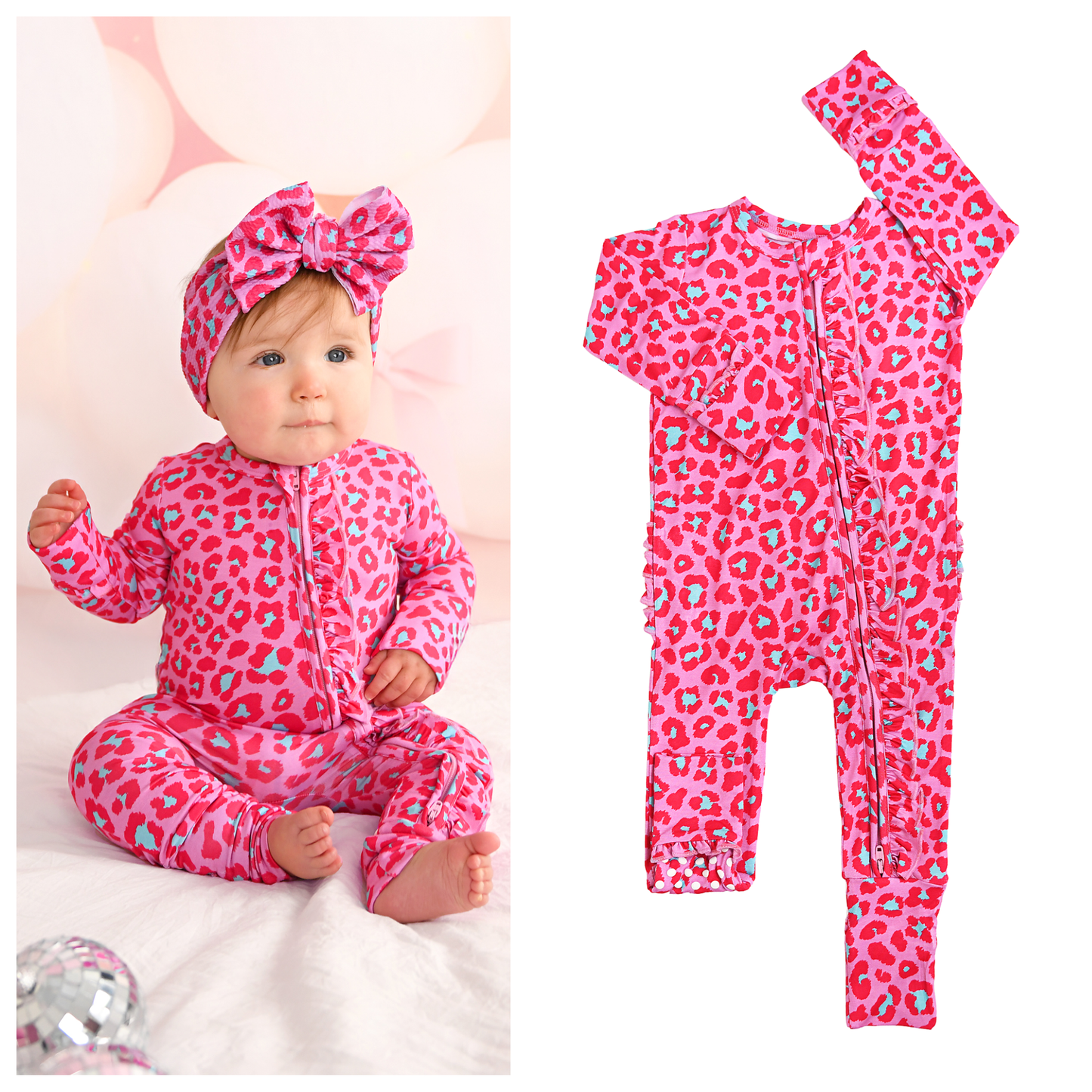 Zuri Leopard RUFFLE ZIP Valentines Bamboo 1PC Baby Outfit: 0-3m