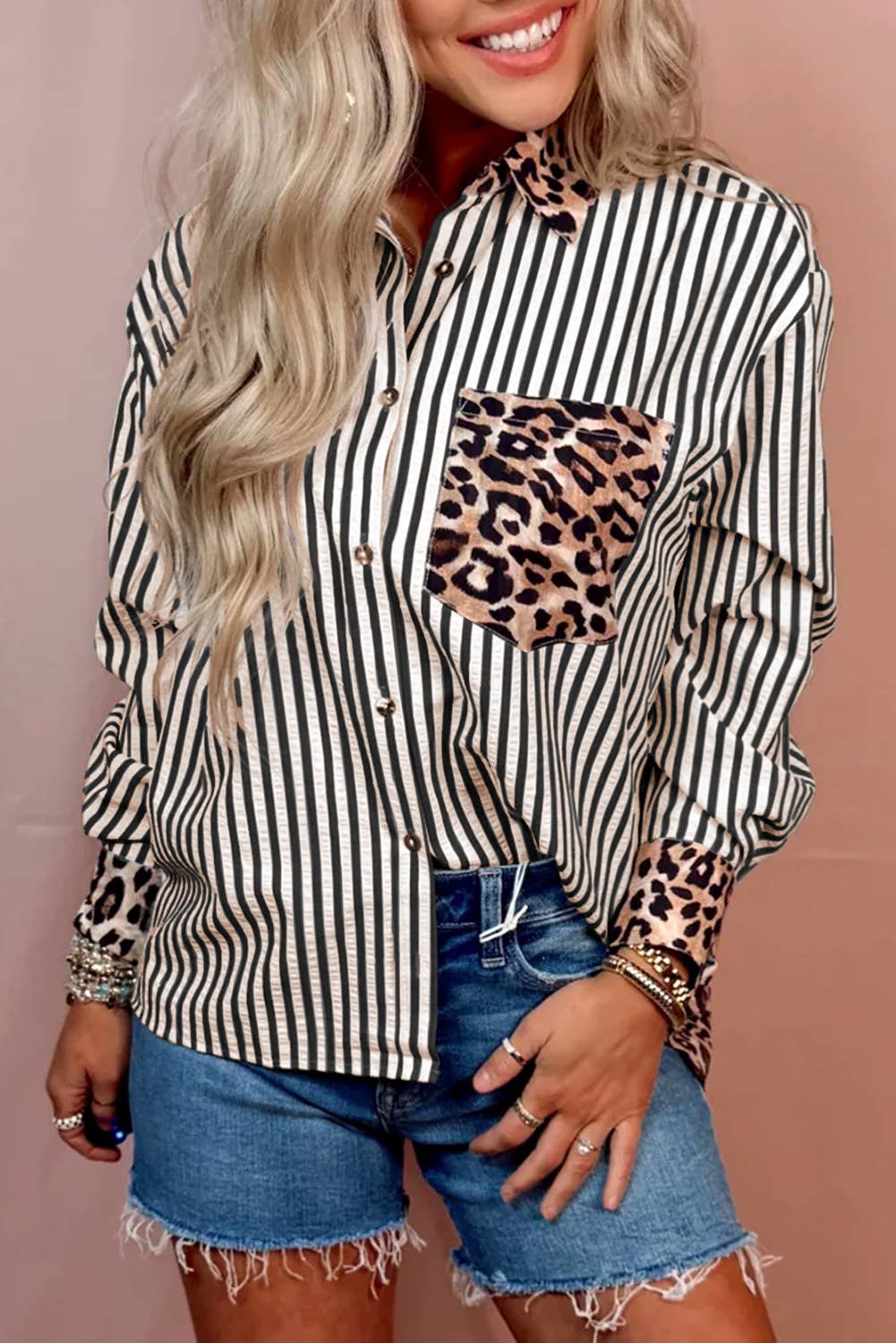 Spring 2026 Chic Contrast Leopard & Stripes Button Shirt: Sky Blue / M