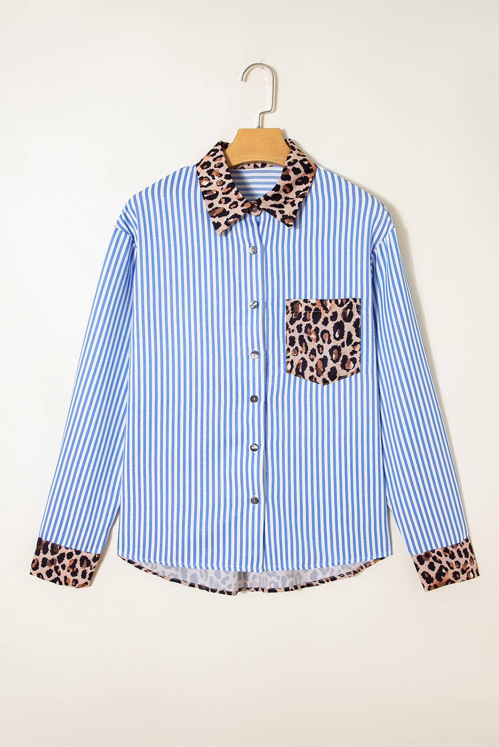 Spring 2026 Chic Contrast Leopard & Stripes Button Shirt: Sky Blue / M