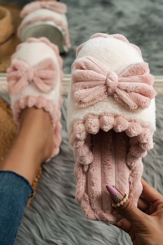 66Bow Decor Color Block Ribbed Plush Slippers Gifts: Fushia / 8(39)