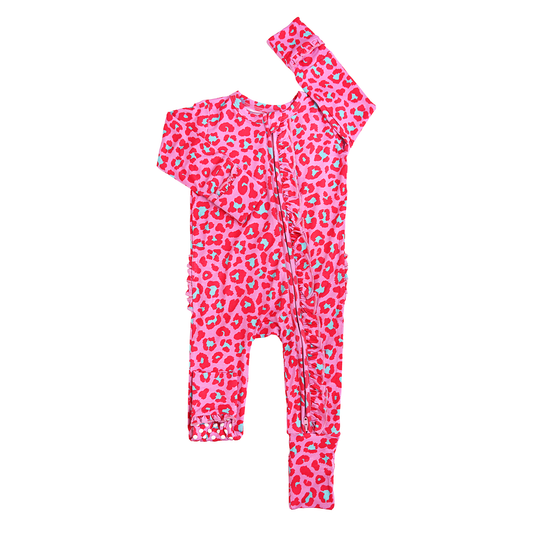 Zuri Leopard RUFFLE ZIP Valentines Bamboo 1PC Baby Outfit: 0-3m