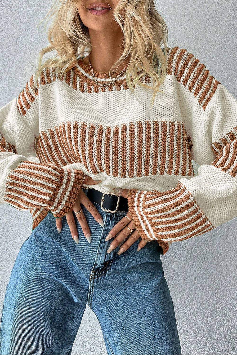 Two Tone Striped Patchwork Drop Shoulder Loose Sweater: Khaki / L