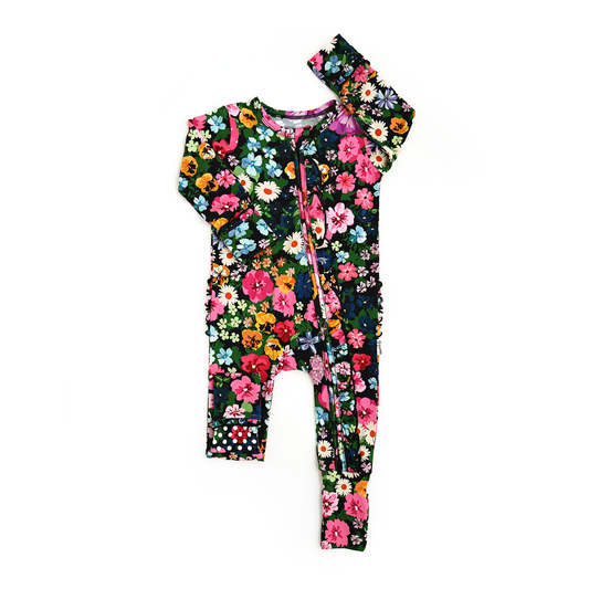 Cassandra RUFFLE ZIP Bamboo One Piece Floral Baby Clothing: 3-6m
