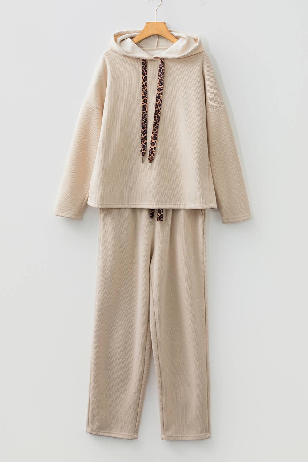 Drawstring Pullover Hoodie and High Waist Pants Corduroy Set: LEOPARD BROWN / Missy / L
