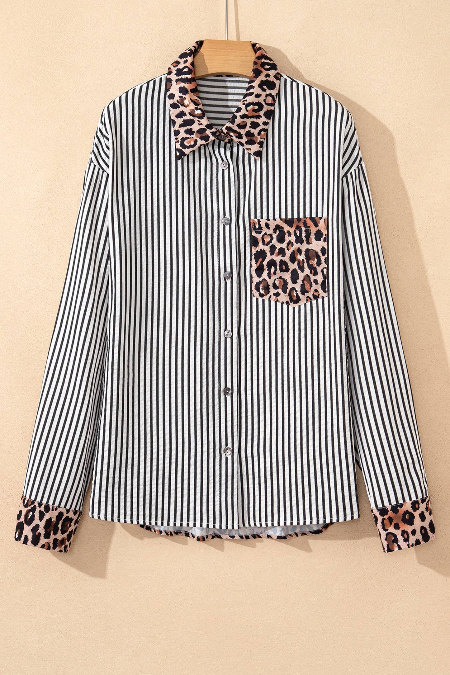 Spring 2026 Chic Contrast Leopard & Stripes Button Shirt: Sky Blue / M
