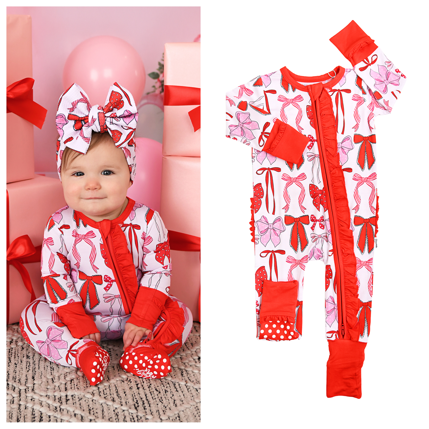 Rosalie RUFFLE ZIP Valentines Day Bamboo 1PC Baby Outfit: 0-3m