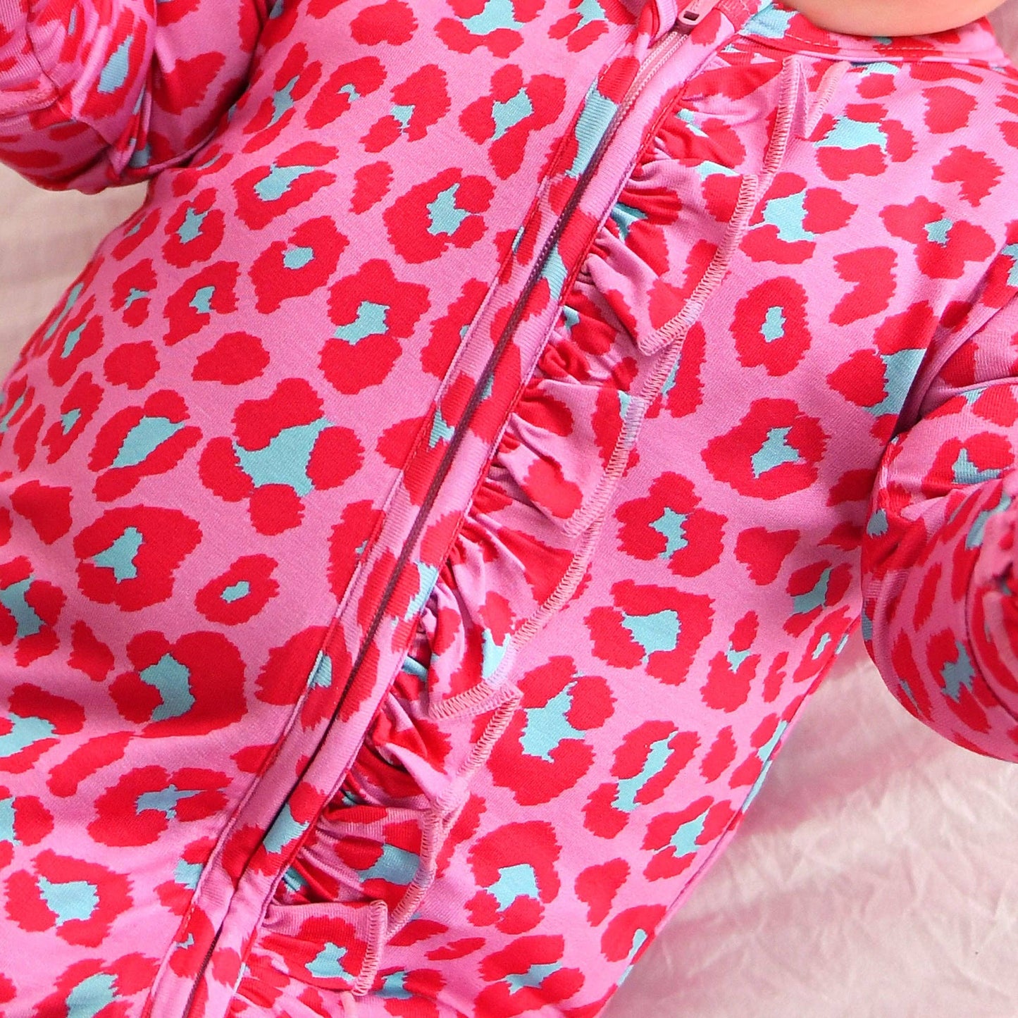 Zuri Leopard RUFFLE ZIP Valentines Bamboo 1PC Baby Outfit: 0-3m