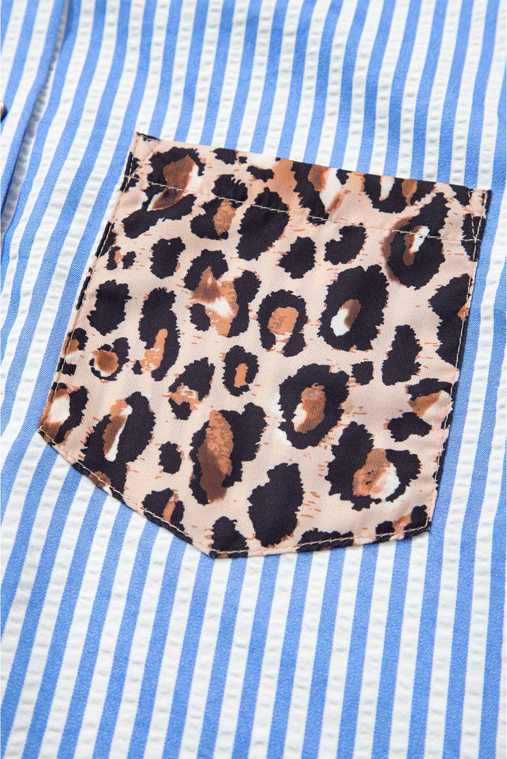 Spring 2026 Chic Contrast Leopard & Stripes Button Shirt: Sky Blue / M