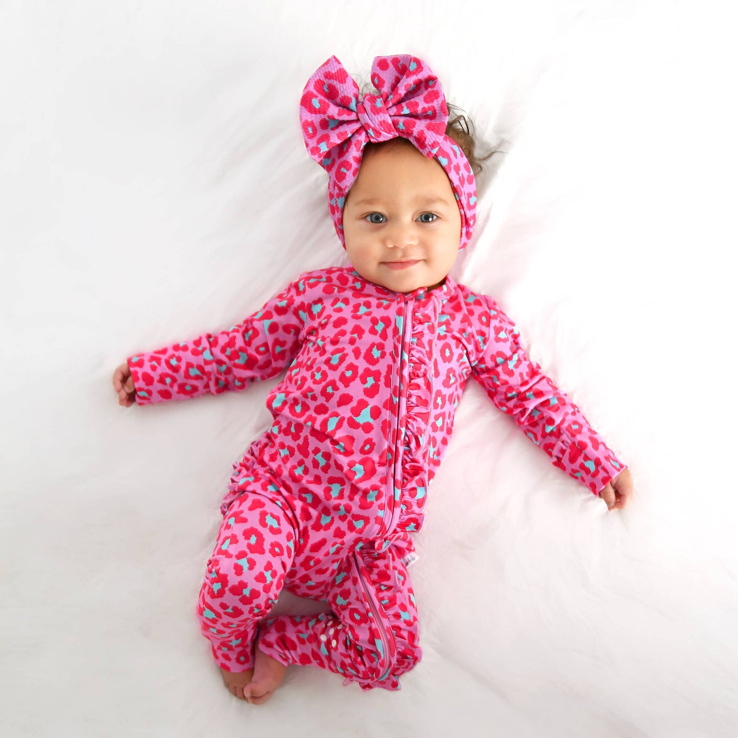 Zuri Leopard RUFFLE ZIP Valentines Bamboo 1PC Baby Outfit: 0-3m