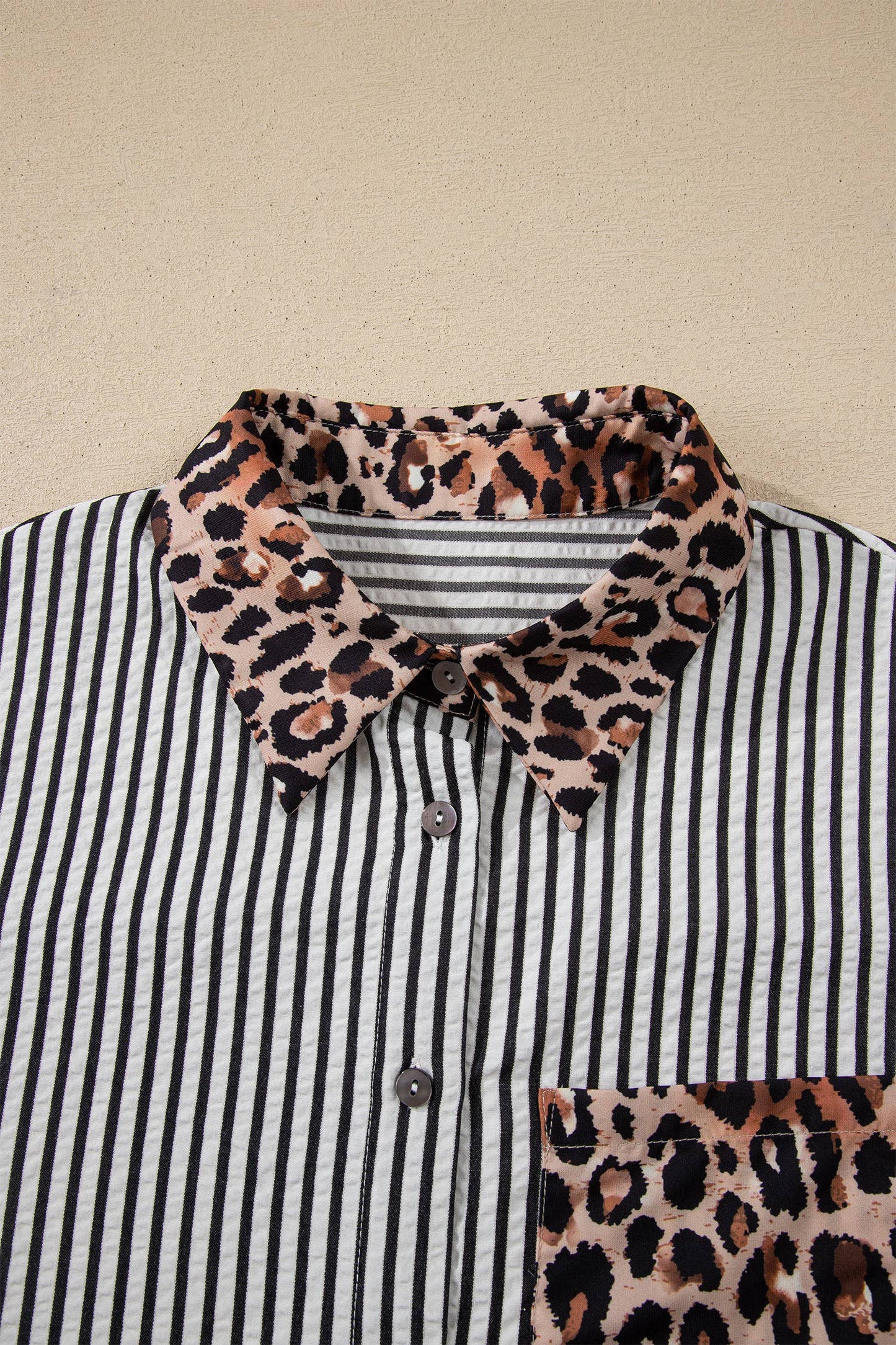 Spring 2026 Chic Contrast Leopard & Stripes Button Shirt: Sky Blue / L