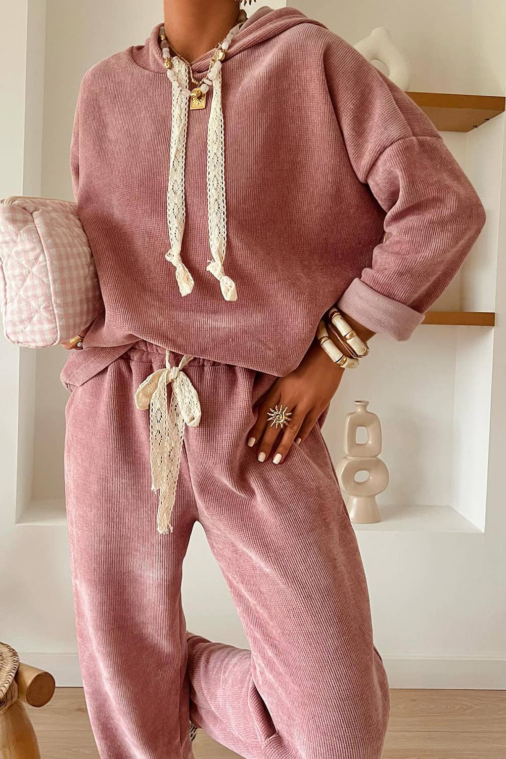 Drawstring Pullover Hoodie and High Waist Pants Corduroy Set: LEOPARD BROWN / Missy / S