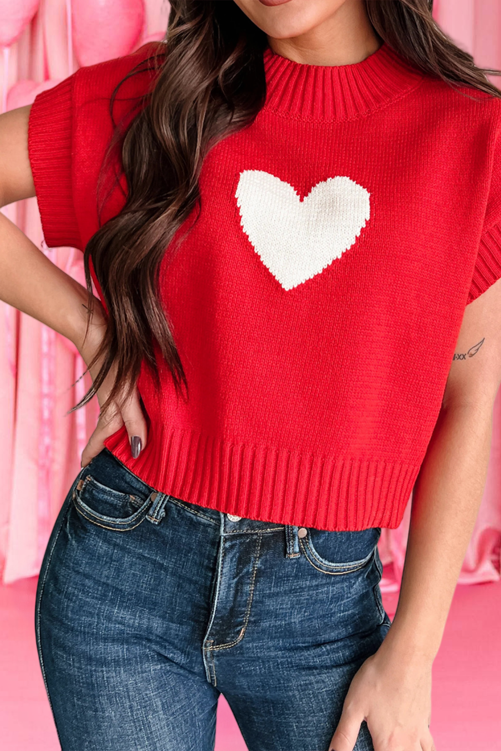 Valentine Heart Graphic Cropped Sweater (S-XL): Red / S