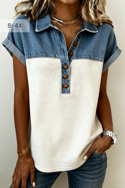 Color Block Denim Patchwork Plus Size Polo Collar Top (S-4X): Gray / L