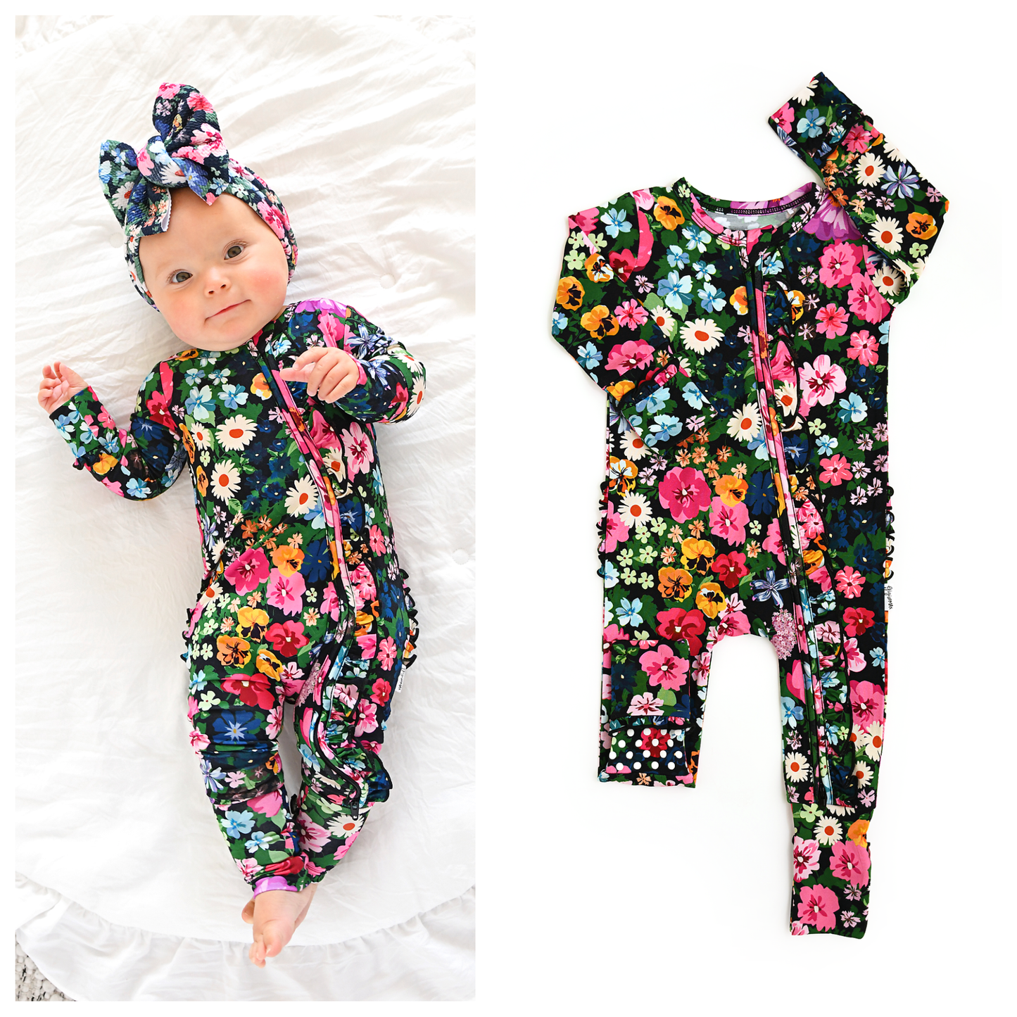 Cassandra RUFFLE ZIP Bamboo One Piece Floral Baby Clothing: 3-6m