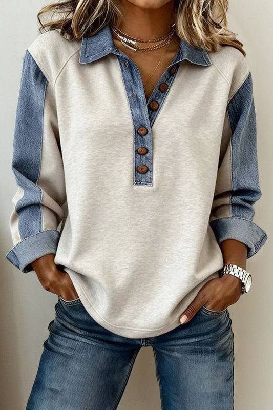 Western Denim Patchwork Shirt Collar Half Button Top (S-XL): Gray / Missy / S