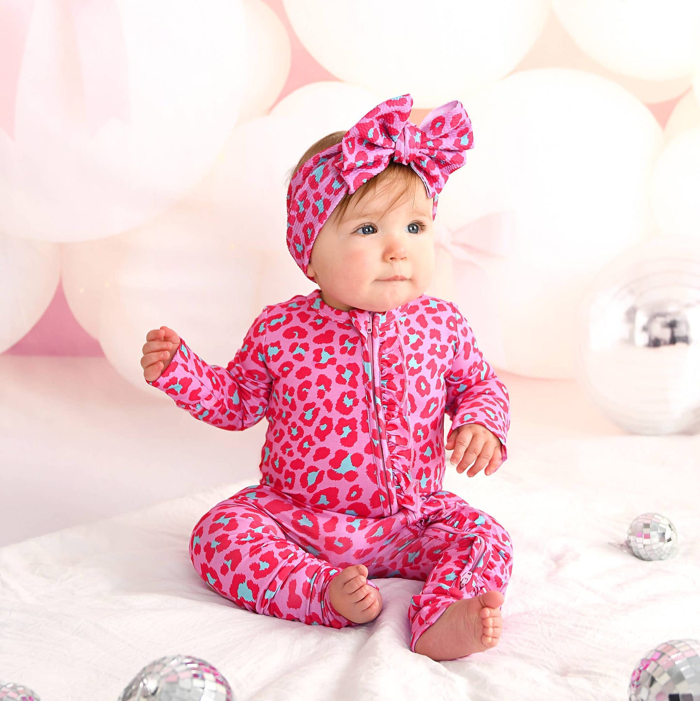 Zuri Leopard RUFFLE ZIP Valentines Bamboo 1PC Baby Outfit: 0-3m