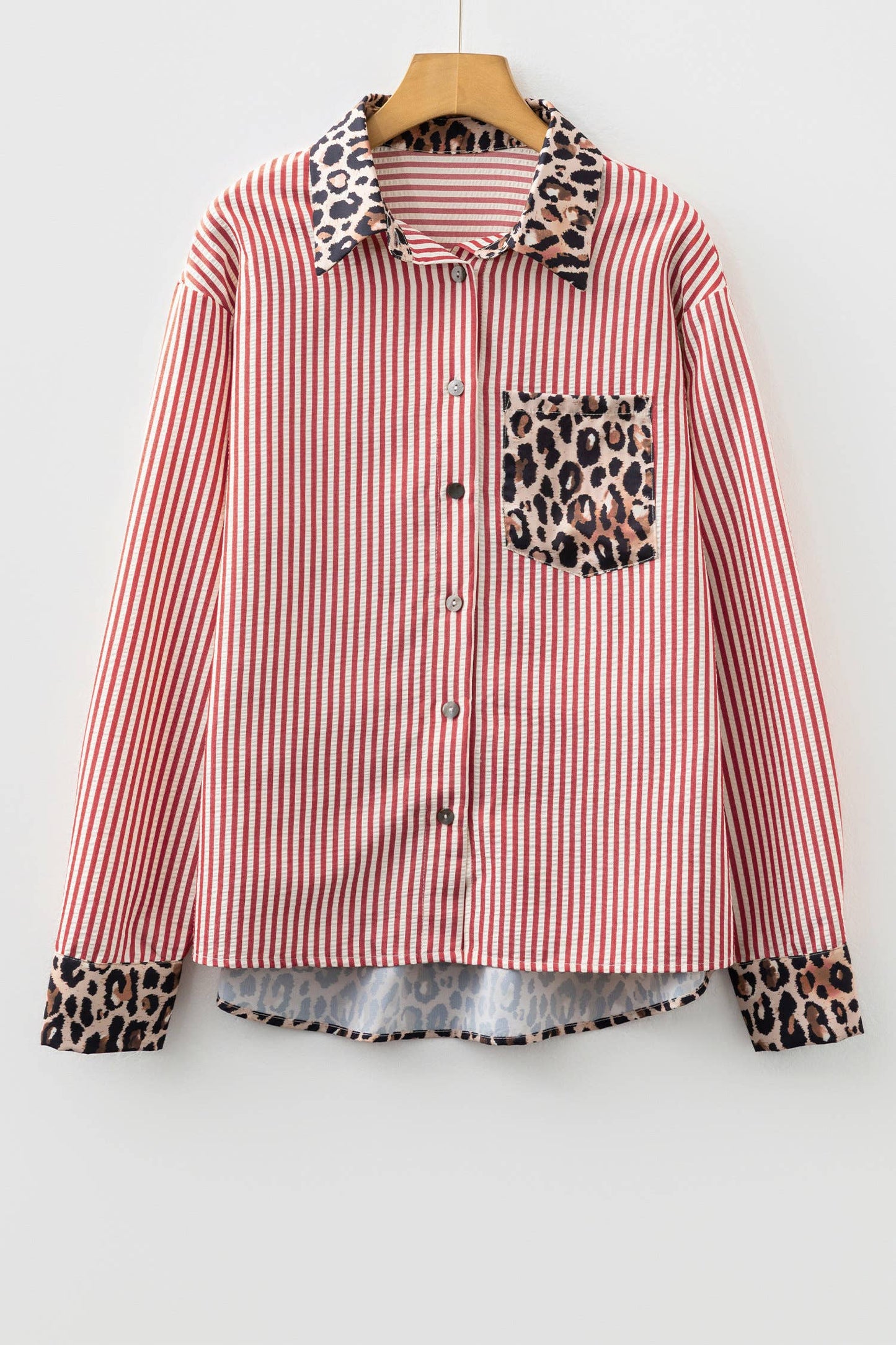 Spring 2026 Chic Contrast Leopard & Stripes Button Shirt: Sky Blue / M