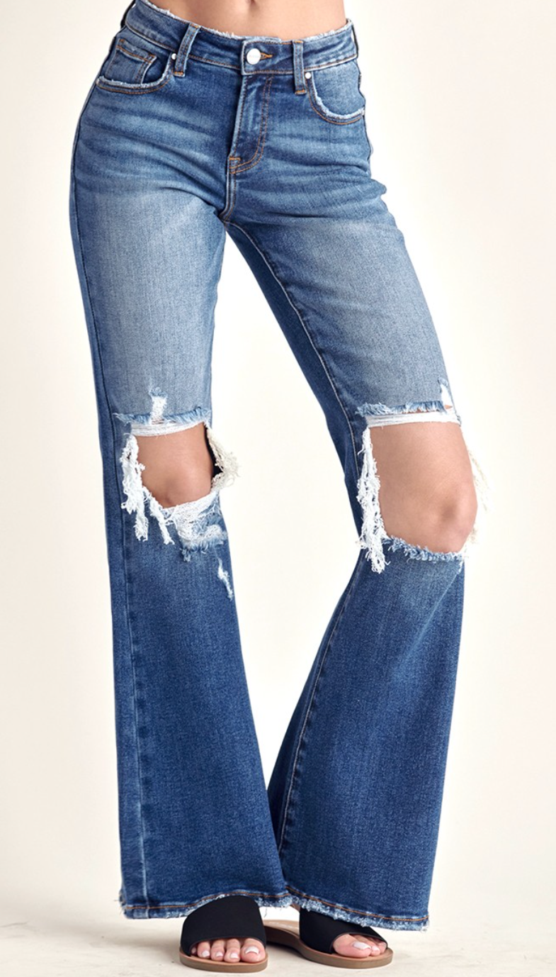 Risen Mide Rise Distressed Flare Jeans