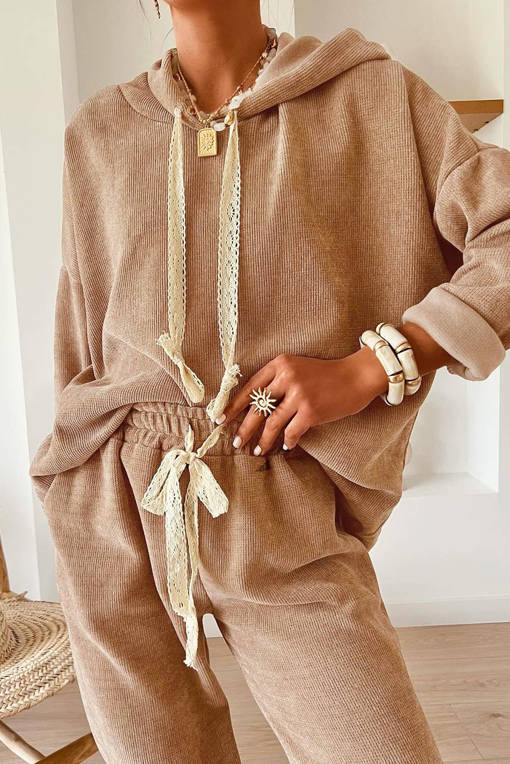 Drawstring Pullover Hoodie and High Waist Pants Corduroy Set: LEOPARD BROWN / Missy / L