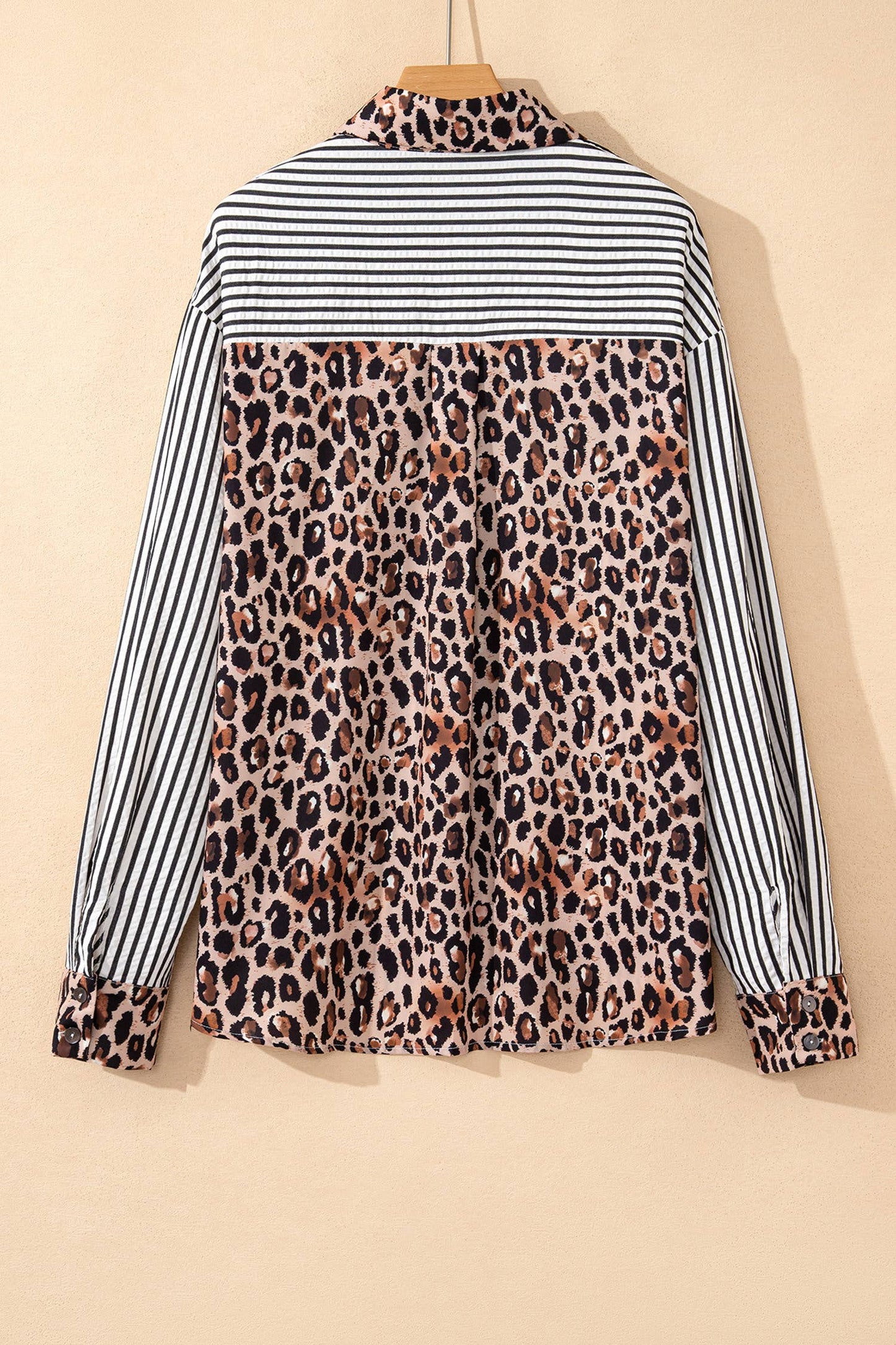 Spring 2026 Chic Contrast Leopard & Stripes Button Shirt: Sky Blue / L