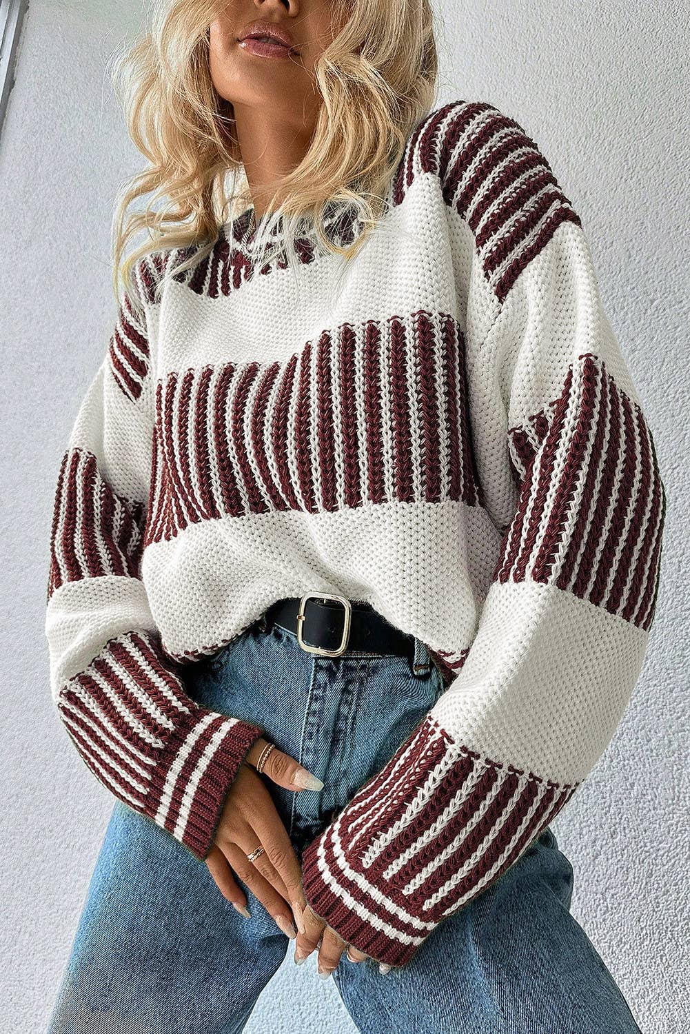 Two Tone Striped Patchwork Drop Shoulder Loose Sweater: Khaki / L