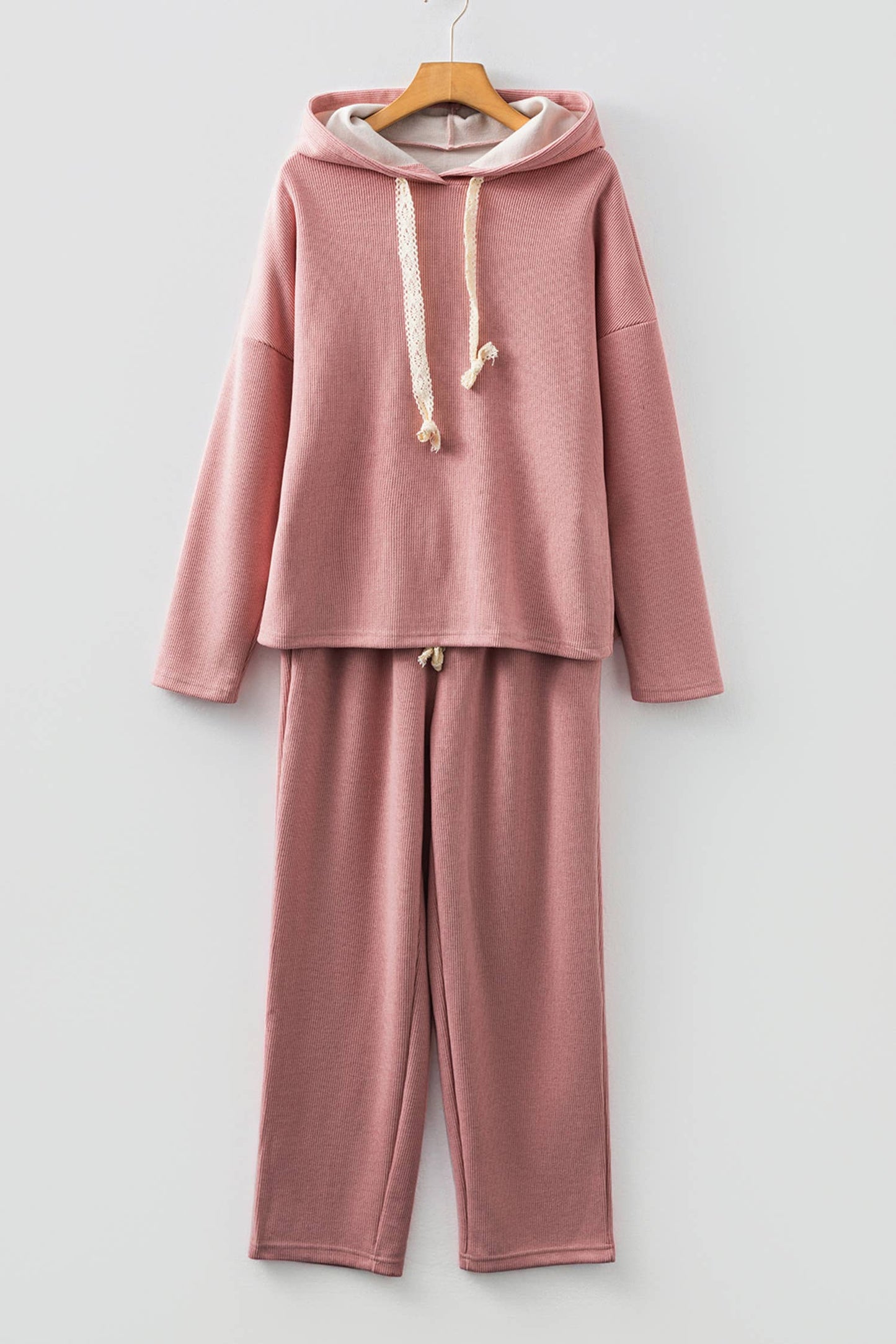 Drawstring Pullover Hoodie and High Waist Pants Corduroy Set: Leopard parchment / Missy / L