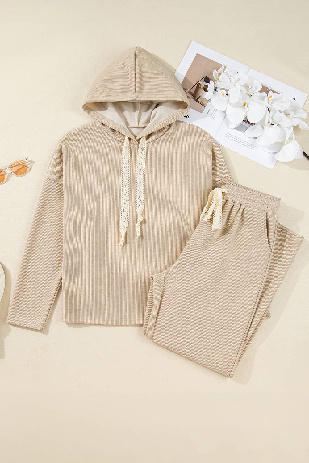 Drawstring Pullover Hoodie and High Waist Pants Corduroy Set: LEOPARD BROWN / Missy / L
