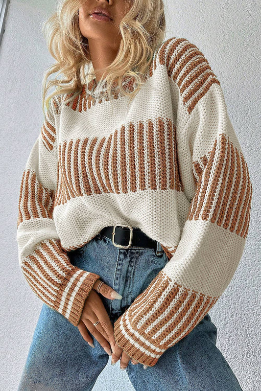 Two Tone Striped Patchwork Drop Shoulder Loose Sweater: Khaki / S