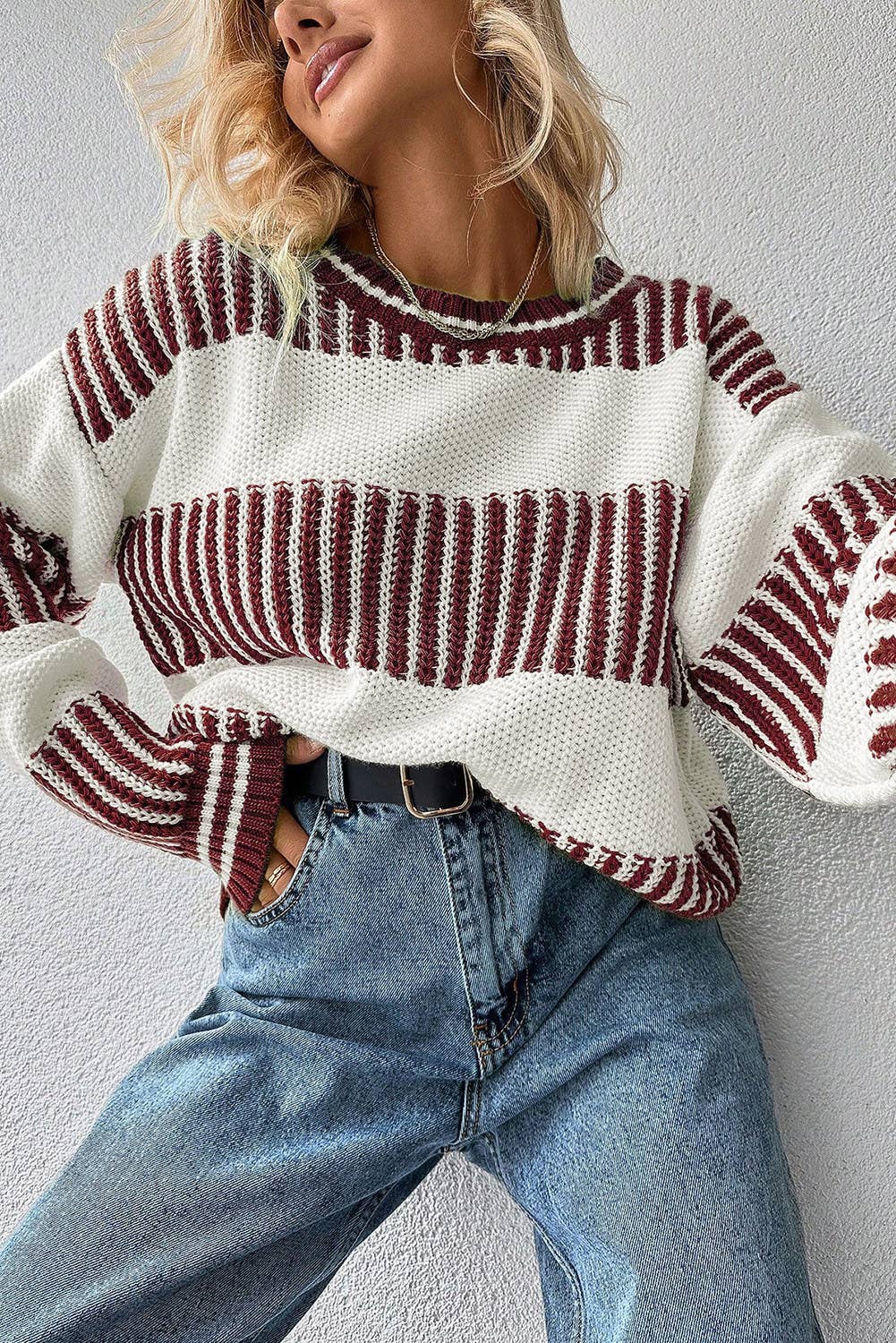 Two Tone Striped Patchwork Drop Shoulder Loose Sweater: Khaki / L