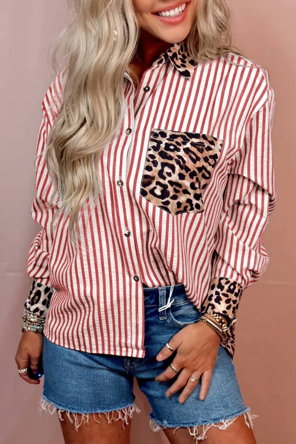 Spring 2026 Chic Contrast Leopard & Stripes Button Shirt: Sky Blue / L