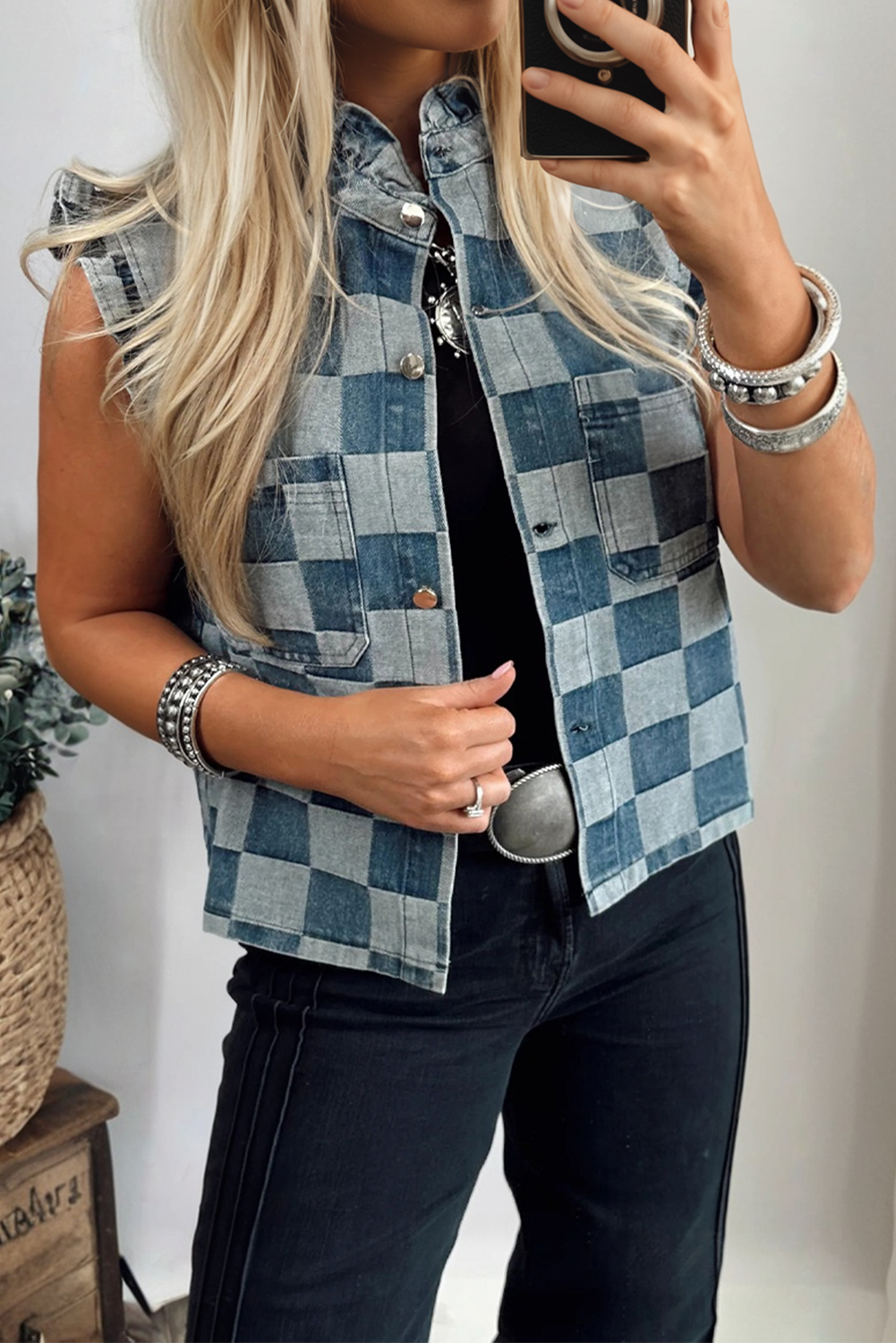 Denim Checkered Ruffle Trim Button Down Vest (S-XL): Blue / Missy / L