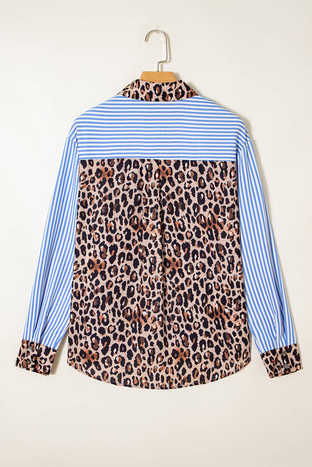 Spring 2026 Chic Contrast Leopard & Stripes Button Shirt: Sky Blue / L