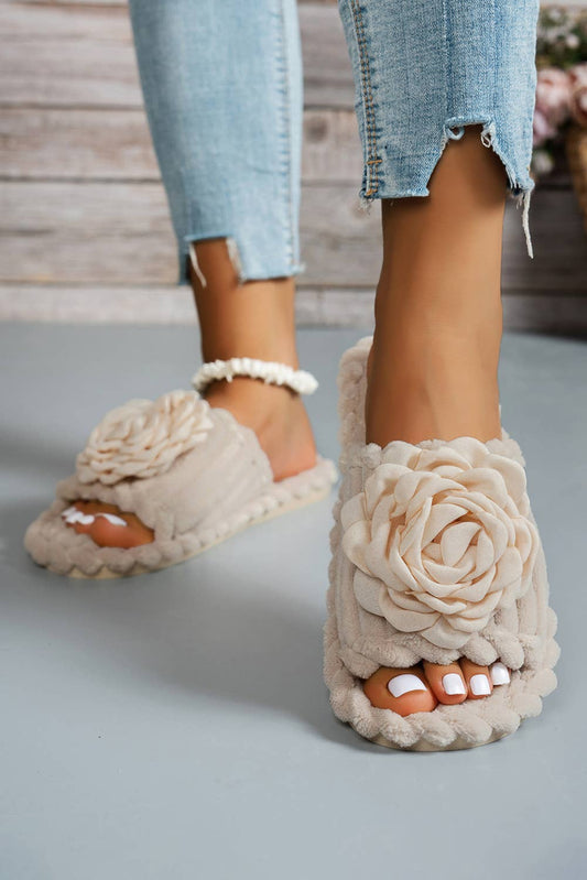 Solid Color 3D Floral Accent Corded Ribbed Open Toe Slippers: Jet Stream / 8.5(40)
