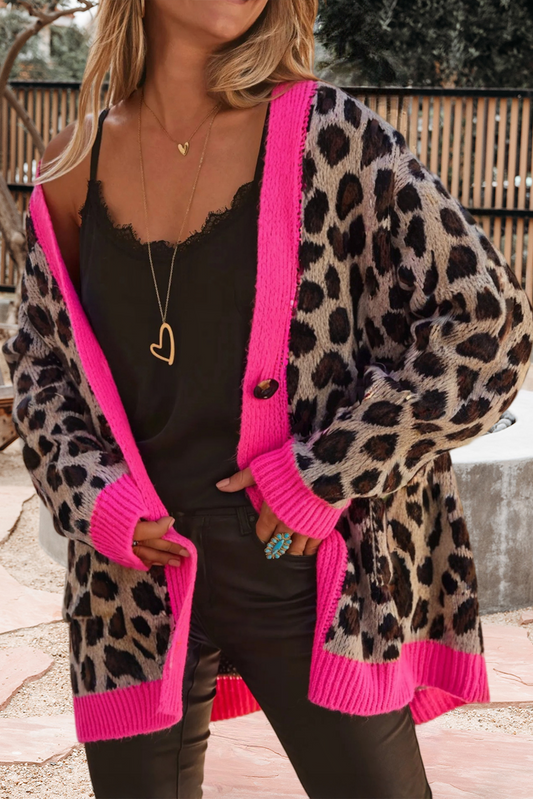 66Leopard Print Color Block Trim Sweater Cardigan (S-XL): Brown / Missy / S