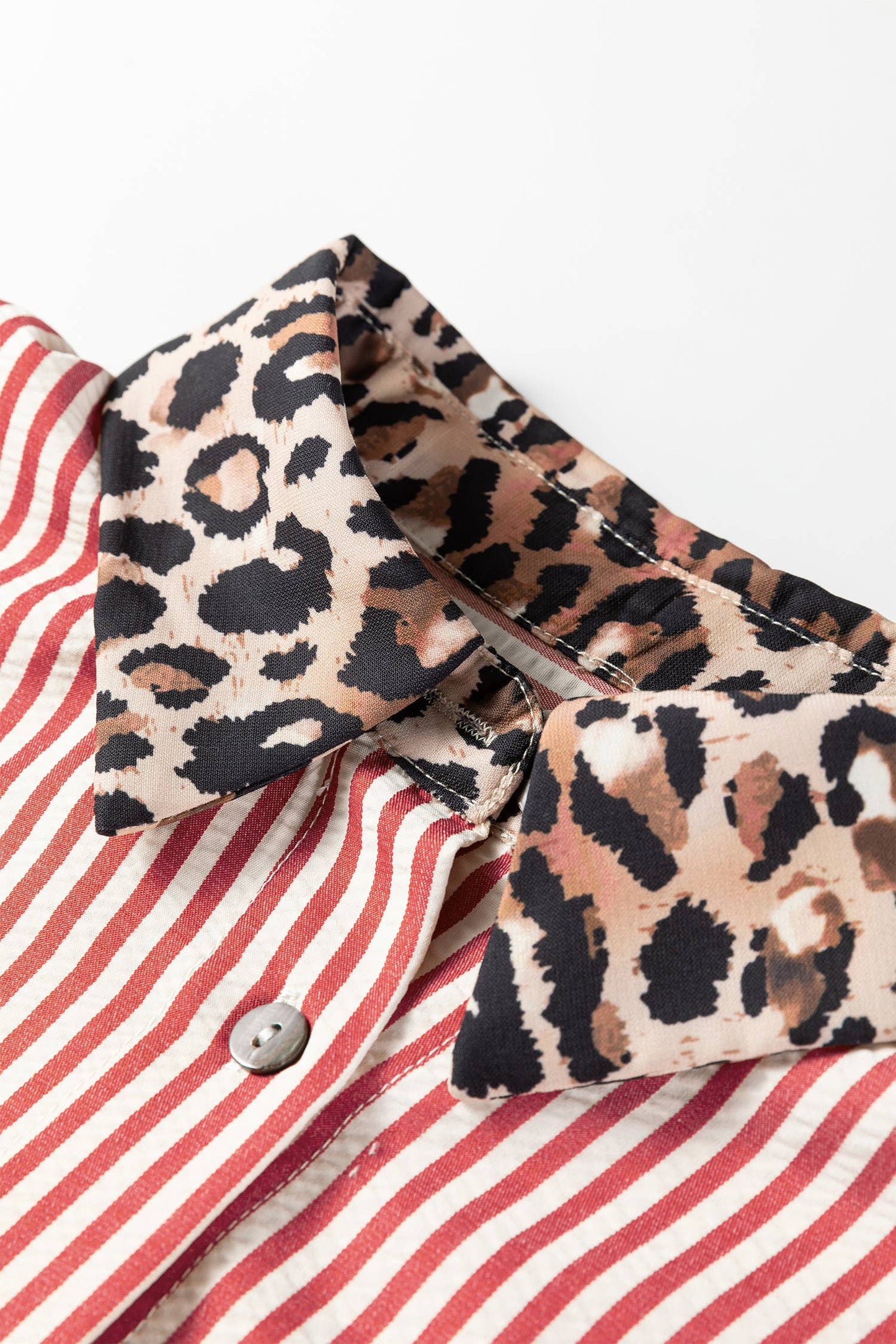 Spring 2026 Chic Contrast Leopard & Stripes Button Shirt: Sky Blue / L