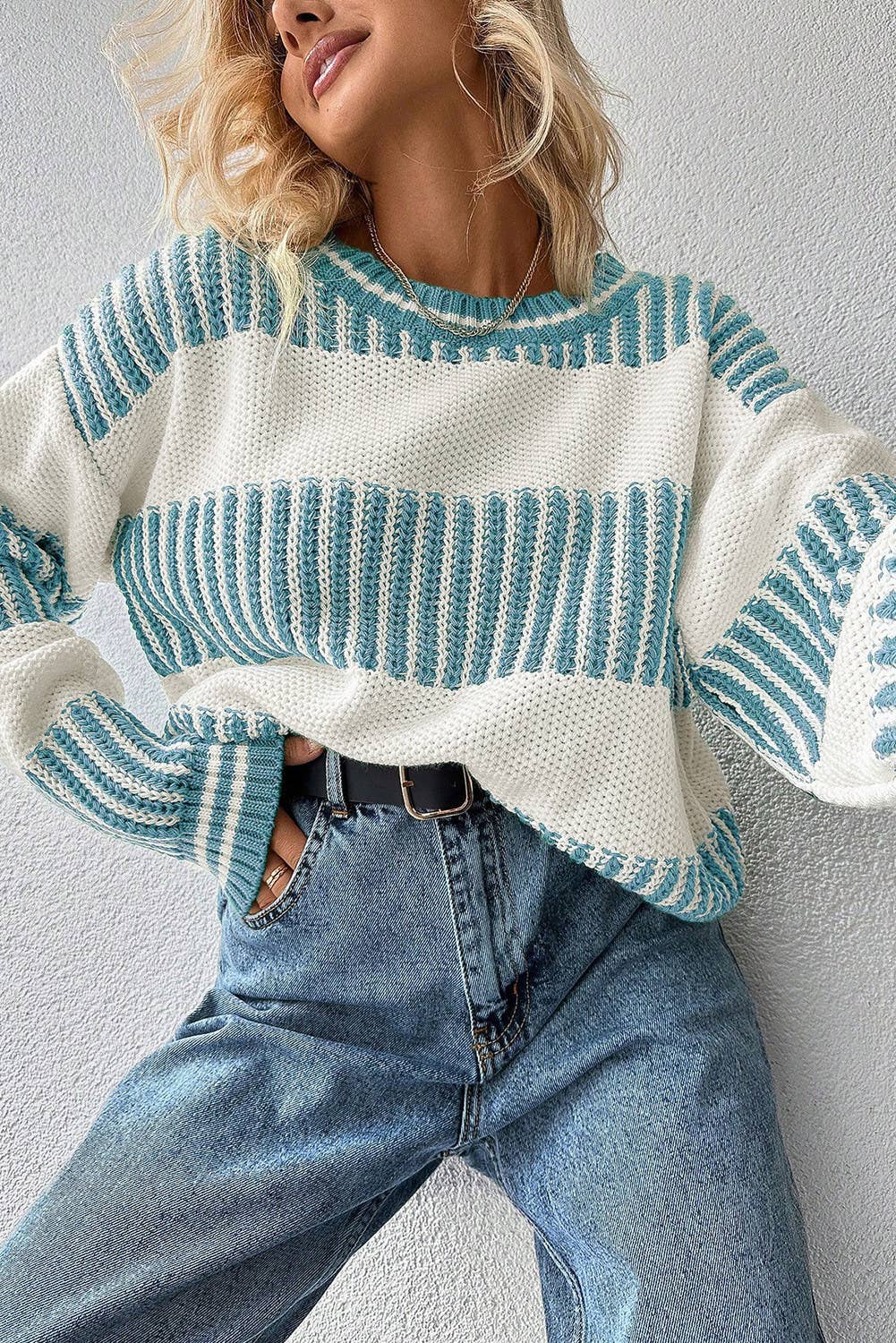 Two Tone Striped Patchwork Drop Shoulder Loose Sweater: Khaki / S
