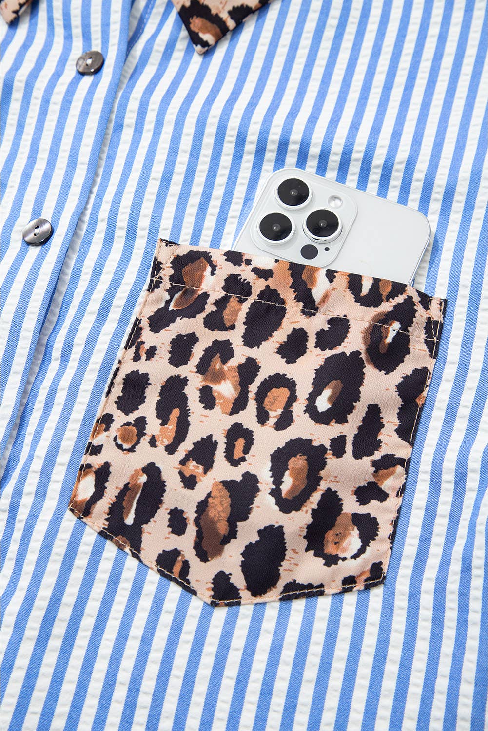 Spring 2026 Chic Contrast Leopard & Stripes Button Shirt: Sky Blue / L